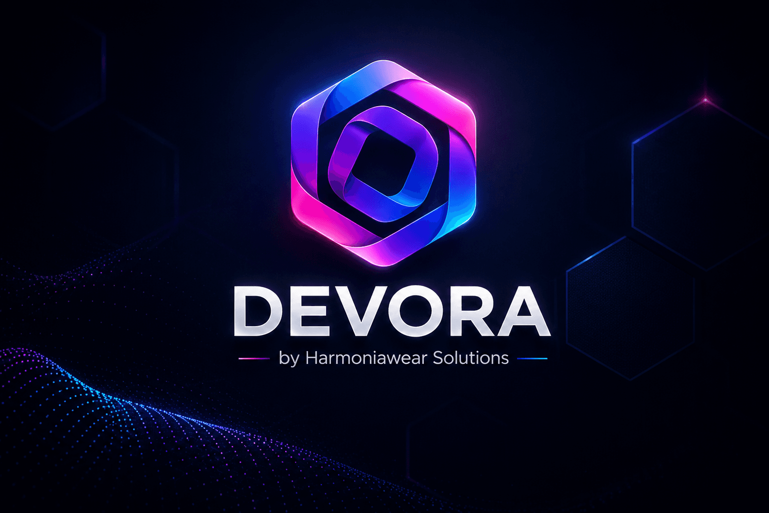 Logo DEVORA, identité premium bleu cyan violet magenta